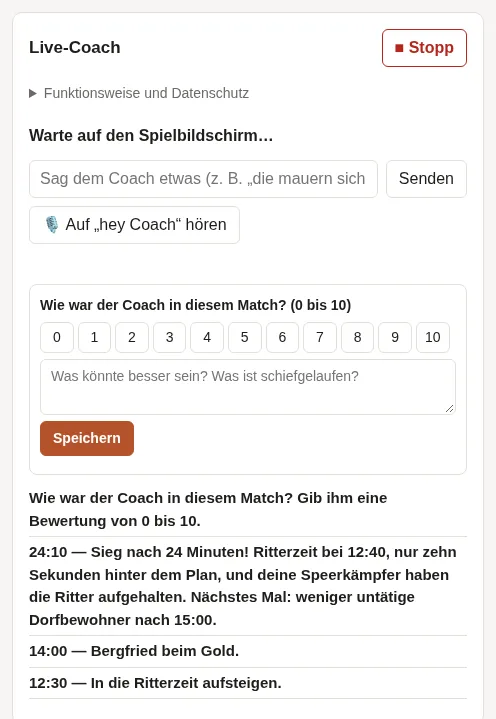Nach dem Match: die Zusammenfassung und das Formular, um den Coach mit 0 bis 10 zu bewerten.