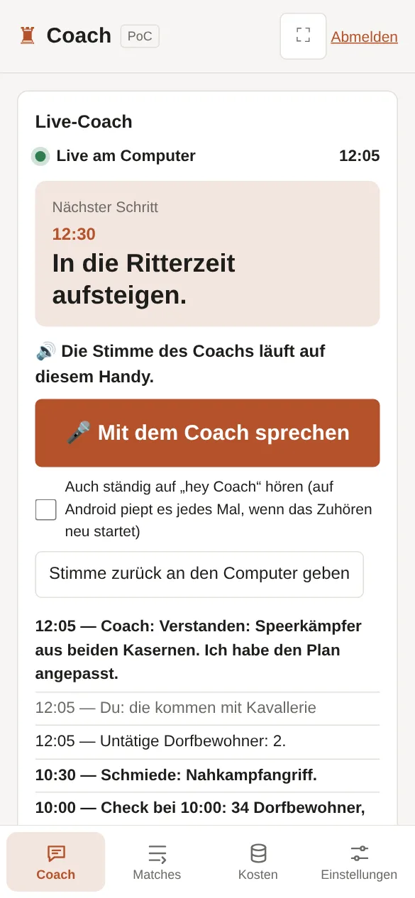 Auf dem Handy, mit der Stimme des Coachs: der Button „Mit dem Coach sprechen“ und seine Antwort.