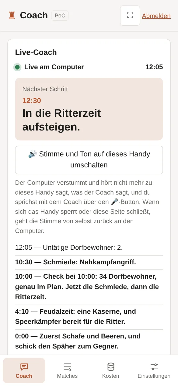 Auf dem Handy: der Computer live, der nächste Schritt und der Button, der die Stimme aufs Handy holt.
