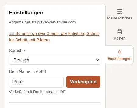 Die Einstellungen des Coachs: die Sprache und der Name in AoE4, verknüpft.