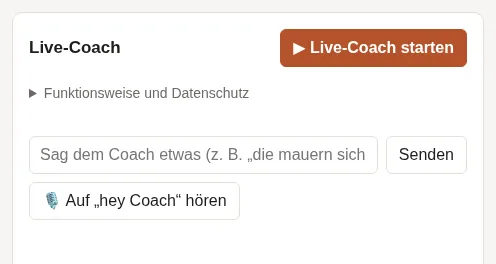 Der Live-Coach startklar, mit dem Button „Live-Coach starten“.