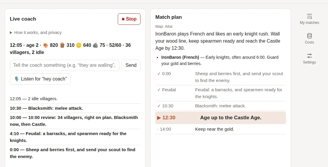 Mid-match: what the coach said, and the plan with the next step highlighted.