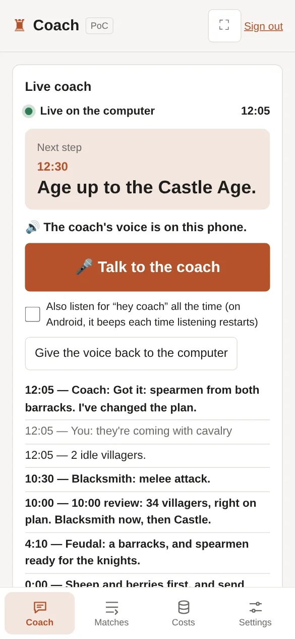 On the phone, with the coach's voice: the Talk to the coach button and its answer.