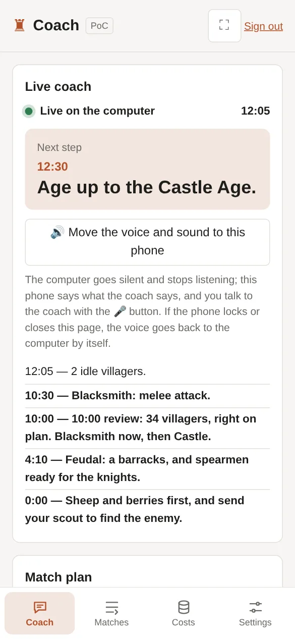On the phone: the computer live, the next step, and the button that moves the voice to the phone.