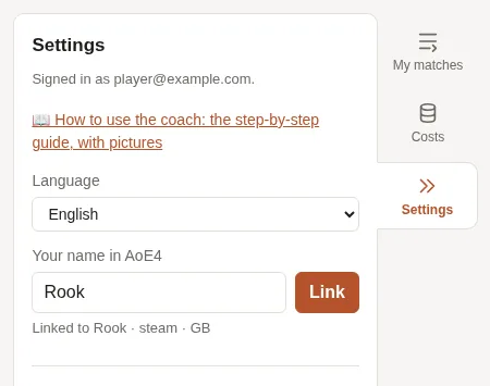 The coach's settings: the language, and the name in AoE4, linked.