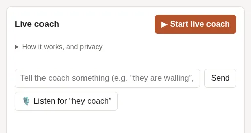 The live coach ready to go, with the Start live coach button.