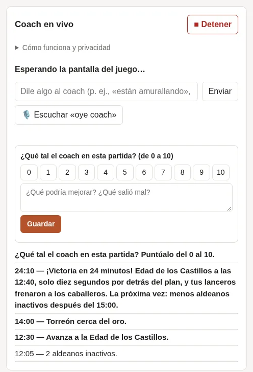 Después de la partida: el resumen y el formulario para puntuar al coach del 0 al 10.