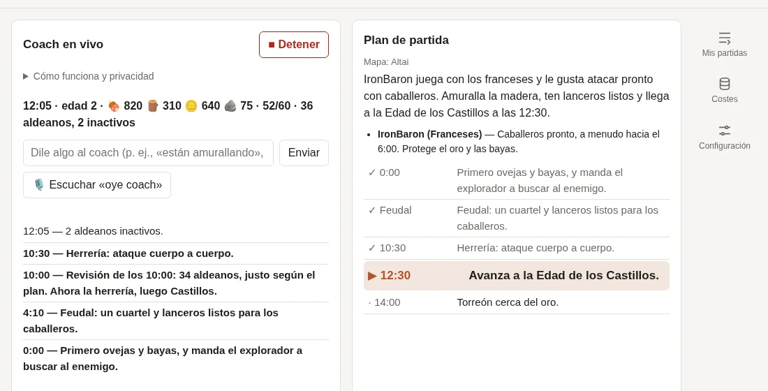 En plena partida: lo que dijo el coach y el plan, con el siguiente paso resaltado.