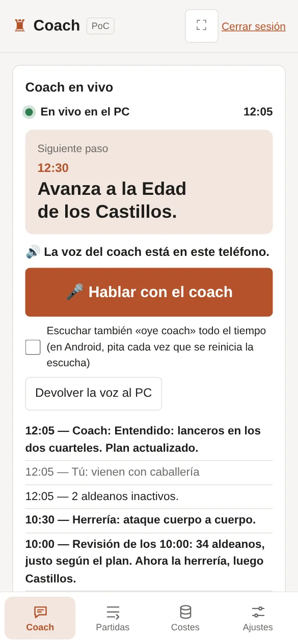 En el teléfono, con la voz del coach: el botón Hablar con el coach y su respuesta.