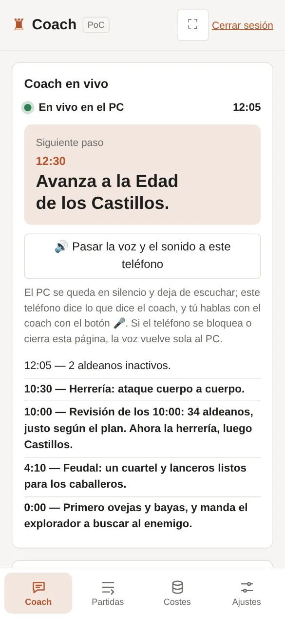 En el teléfono: el PC en vivo, el siguiente paso y el botón que pasa la voz al teléfono.