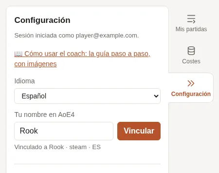 La configuración del coach: el idioma y el nombre en AoE4, ya vinculado.