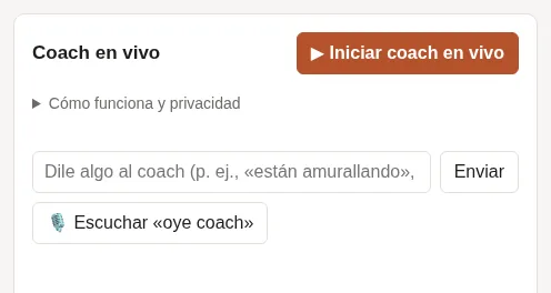 El coach en vivo listo para empezar, con el botón Iniciar coach en vivo.