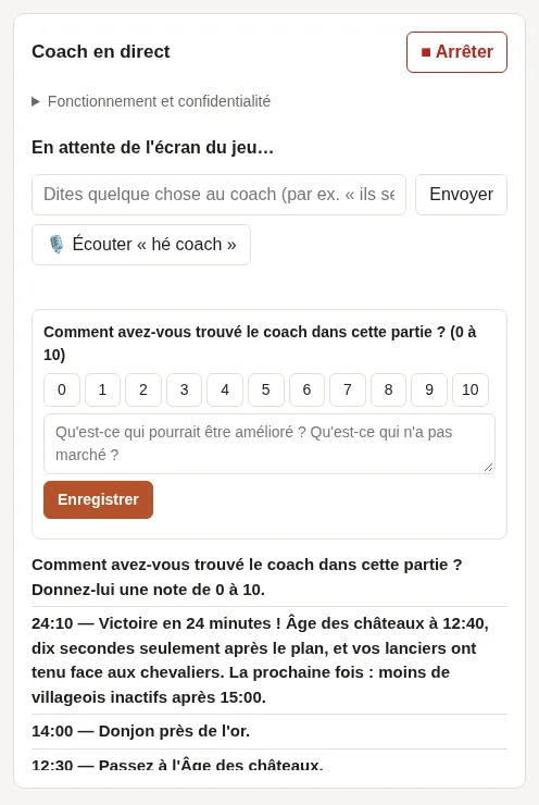 Après la partie : le résumé, et le formulaire pour noter le coach de 0 à 10.