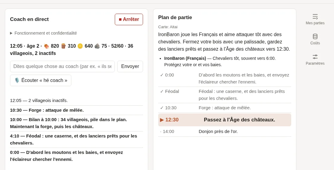 En pleine partie : ce que le coach a dit, et le plan avec l'étape suivante mise en avant.