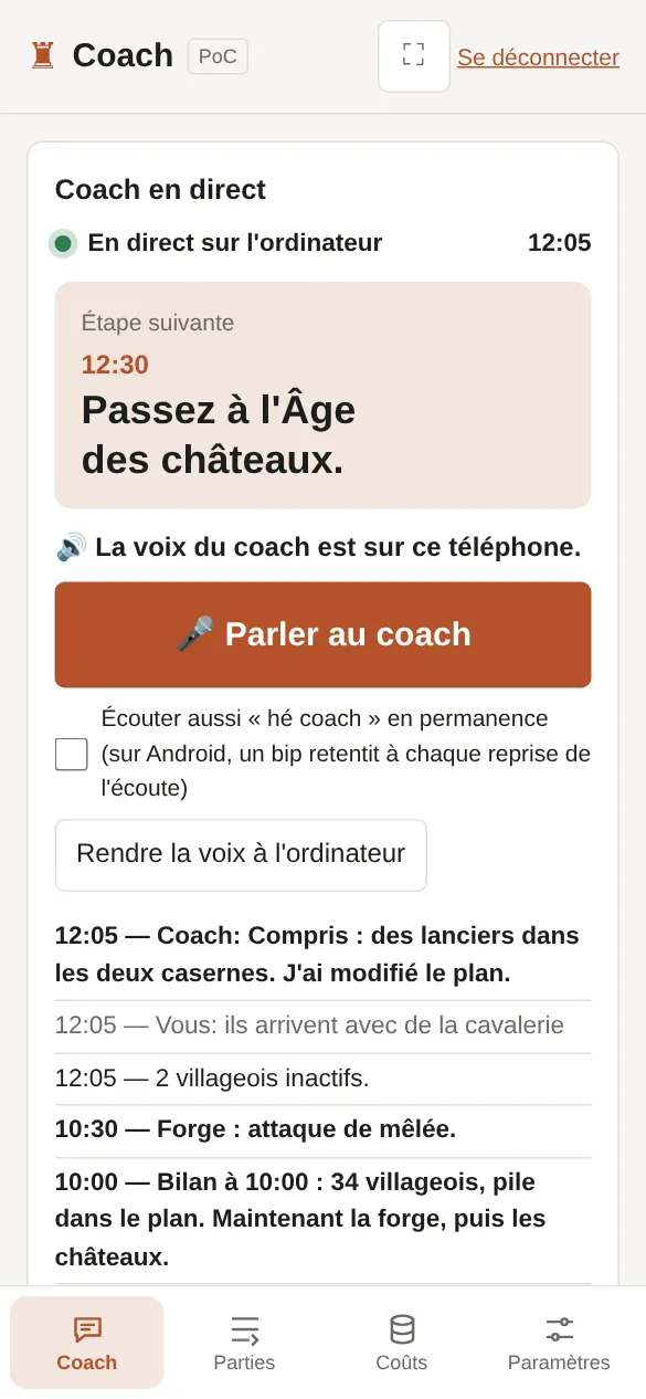 Sur le téléphone, avec la voix du coach : le bouton Parler au coach et sa réponse.