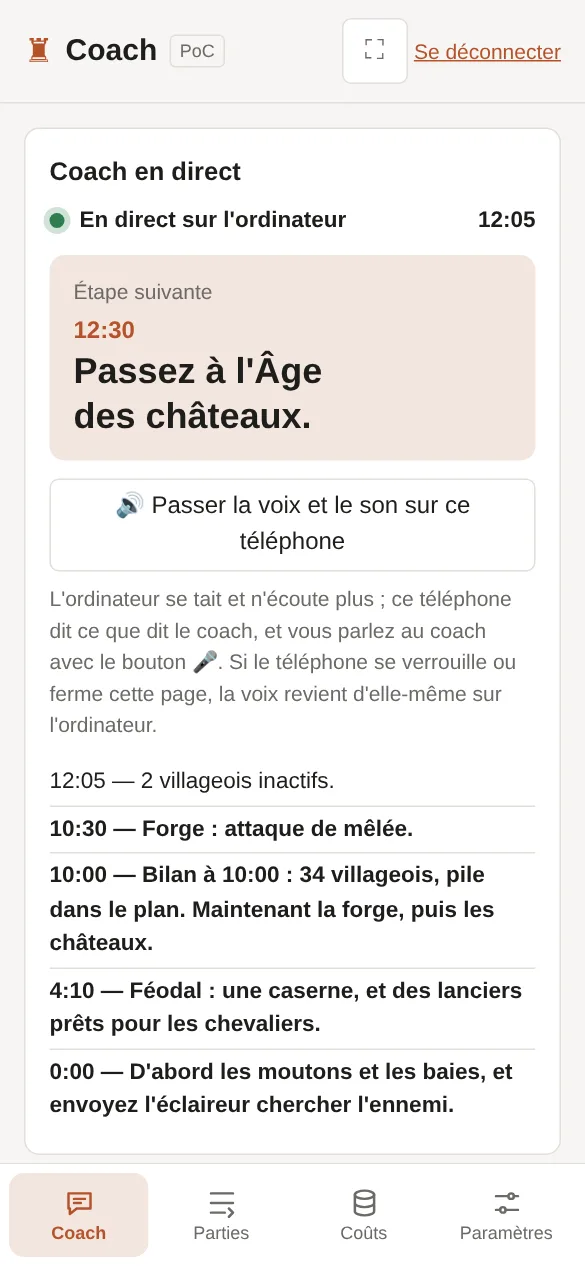 Sur le téléphone : l'ordinateur en direct, l'étape suivante et le bouton qui passe la voix sur le téléphone.