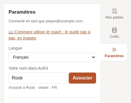 Les paramètres du coach : la langue et le nom dans AoE4, associé.