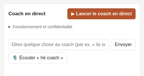 Le coach en direct prêt à démarrer, avec le bouton Lancer le coach en direct.