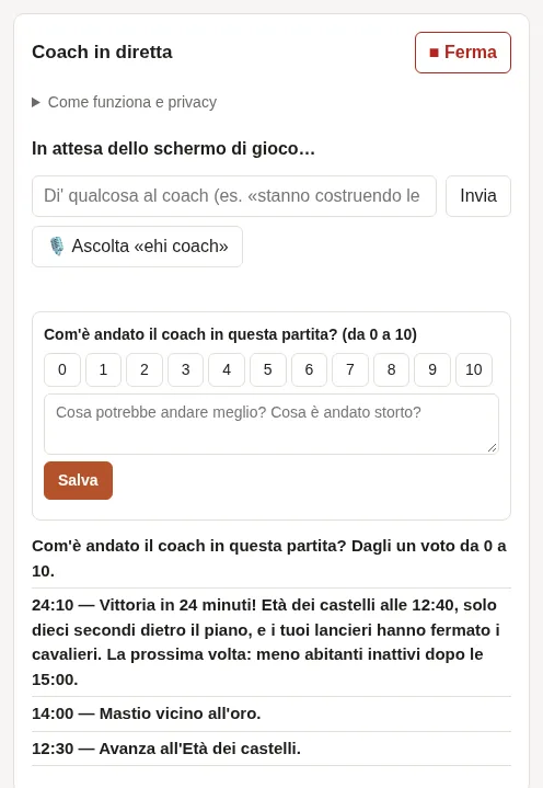 Dopo la partita: il riepilogo e il modulo per dare al coach un voto da 0 a 10.