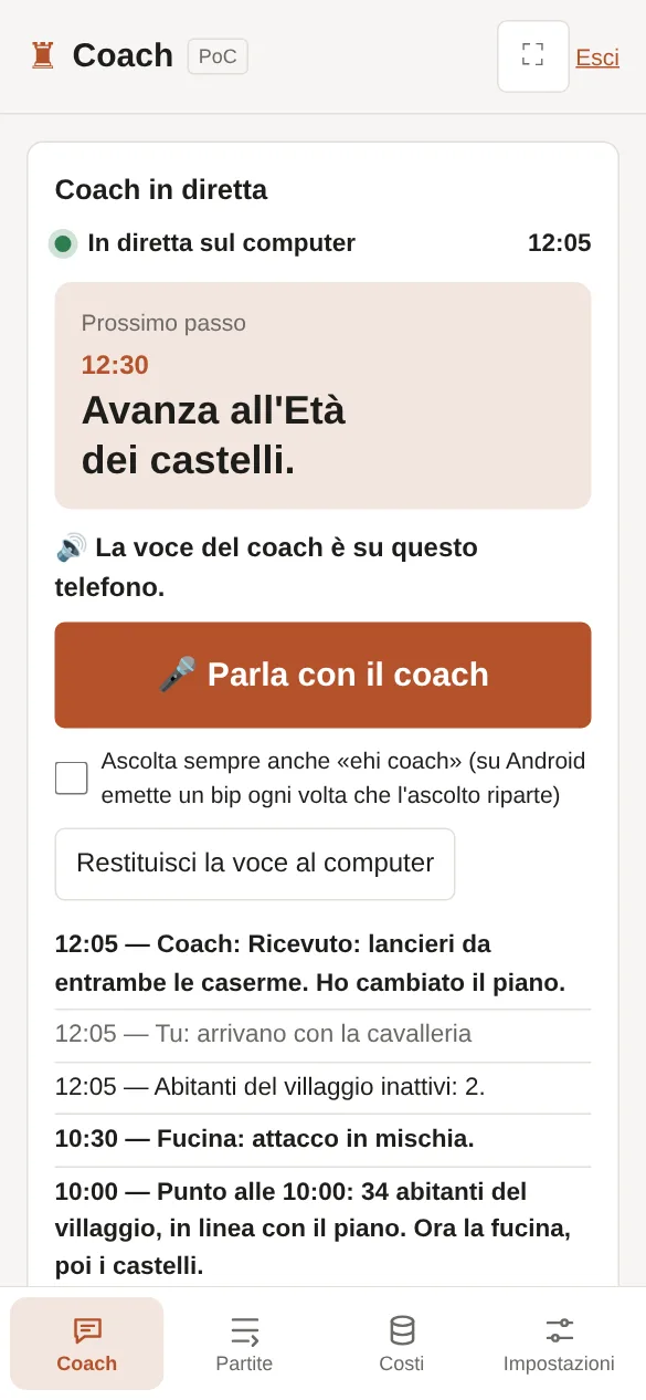 Sul telefono, con la voce del coach: il pulsante Parla con il coach e la sua risposta.