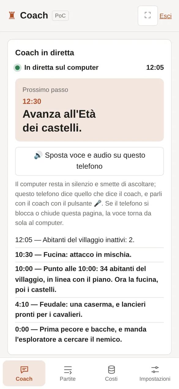 Sul telefono: il computer in diretta, il prossimo passo e il pulsante che sposta la voce sul telefono.