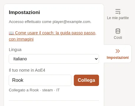 Le impostazioni del coach: la lingua e il nome in AoE4, collegato.