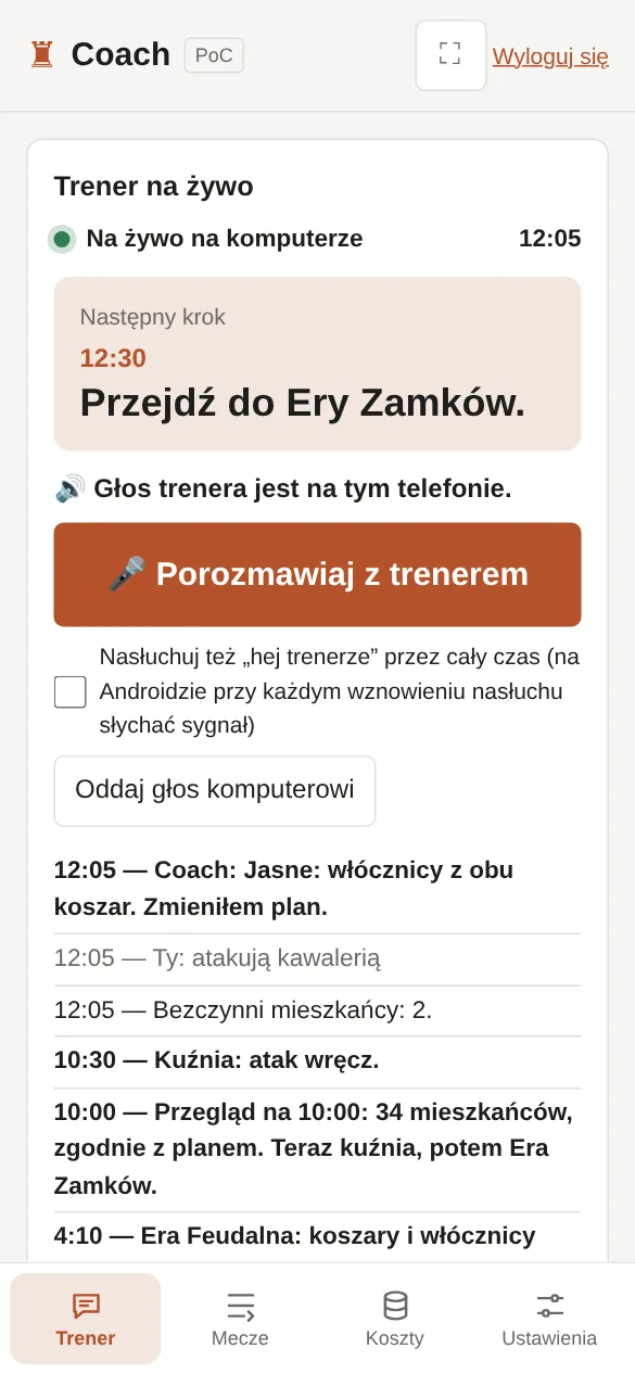 Na telefonie, z głosem trenera: przycisk Porozmawiaj z trenerem i jego odpowiedź.