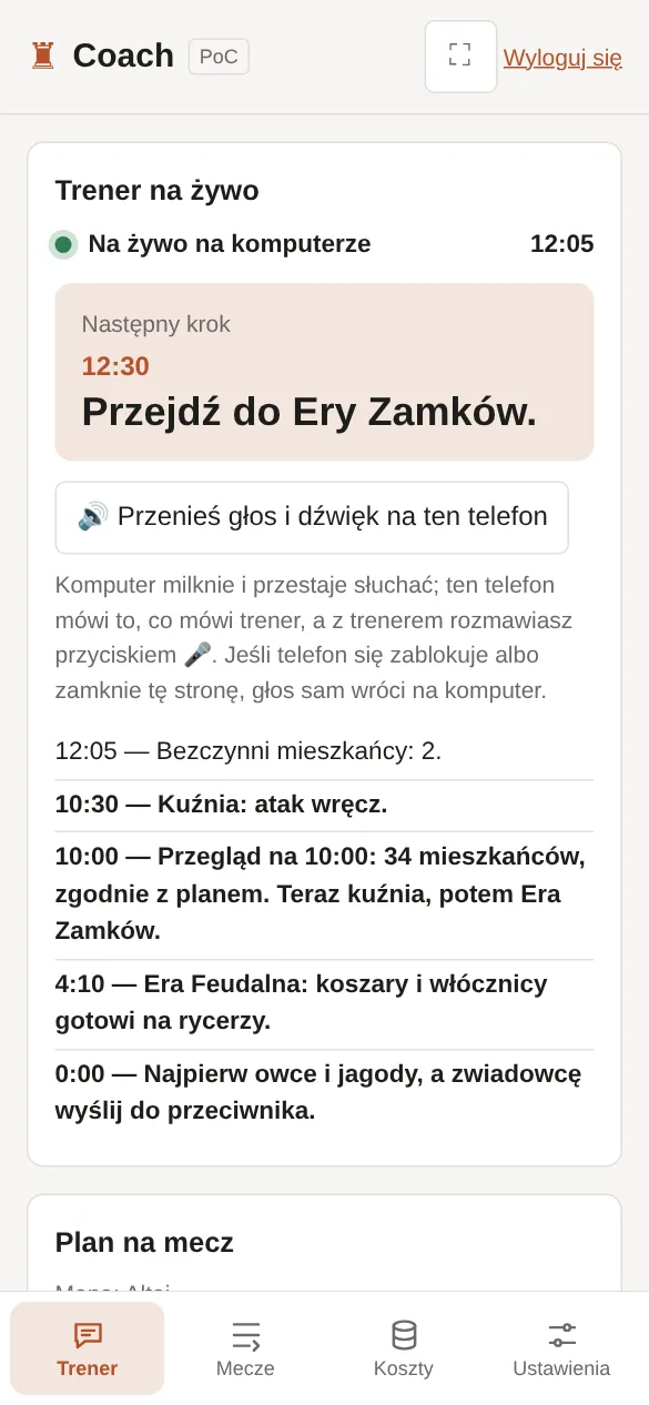 Na telefonie: komputer na żywo, następny krok i przycisk, który przenosi głos na telefon.