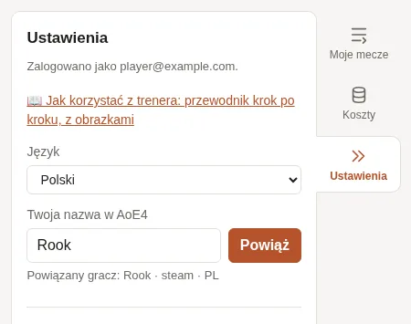 Ustawienia trenera: język i powiązana nazwa w AoE4.