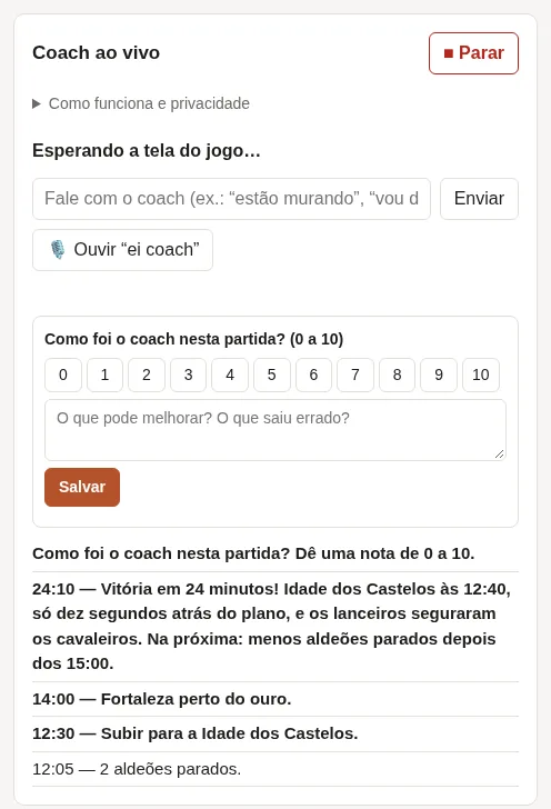 Depois da partida: o resumo e o formulário para dar uma nota de 0 a 10 ao coach.