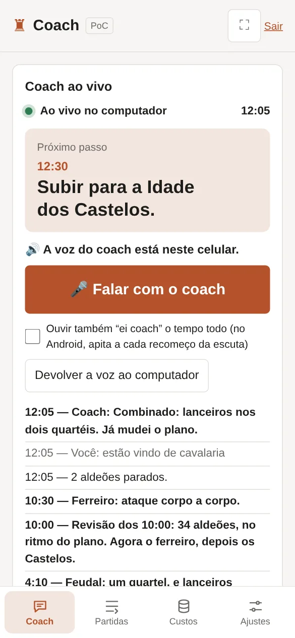 No celular, com a voz do coach: o botão Falar com o coach e a resposta dele.