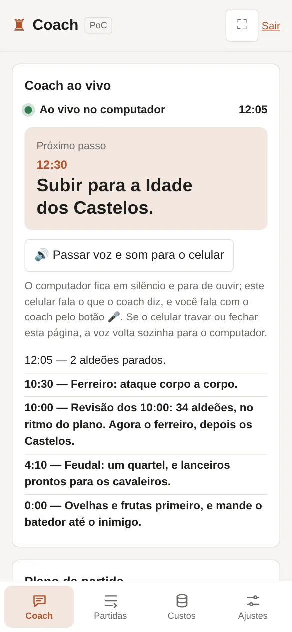 No celular: o computador ao vivo, o próximo passo e o botão que passa a voz para o celular.