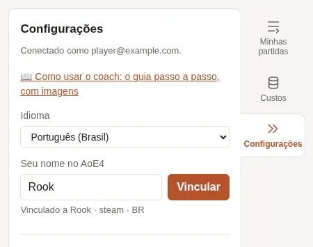 Configurações do coach: o idioma e o nome no AoE4, já vinculado.