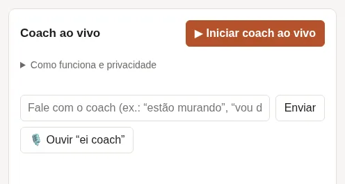 O coach ao vivo pronto para começar, com o botão Iniciar coach ao vivo.