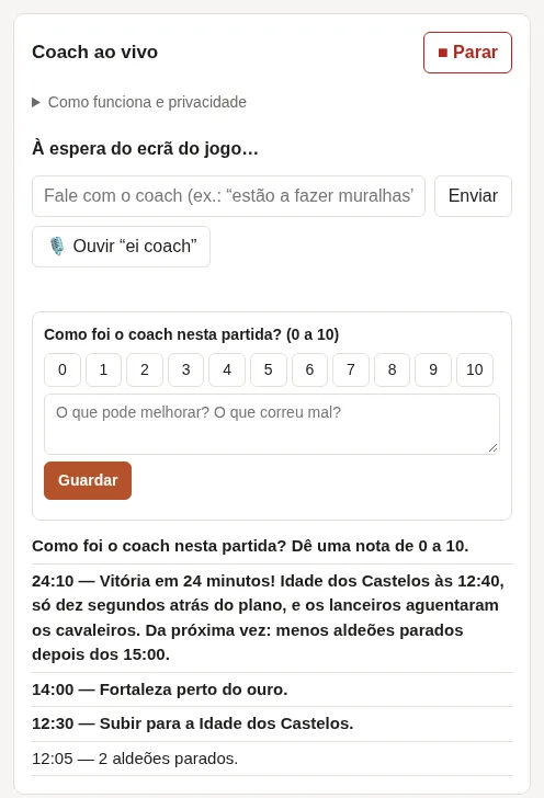 Depois da partida: o resumo e o formulário para dar uma nota de 0 a 10 ao coach.