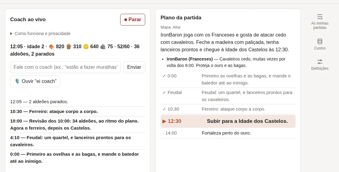 A meio da partida: o que o coach disse e o plano, com o próximo passo em destaque.