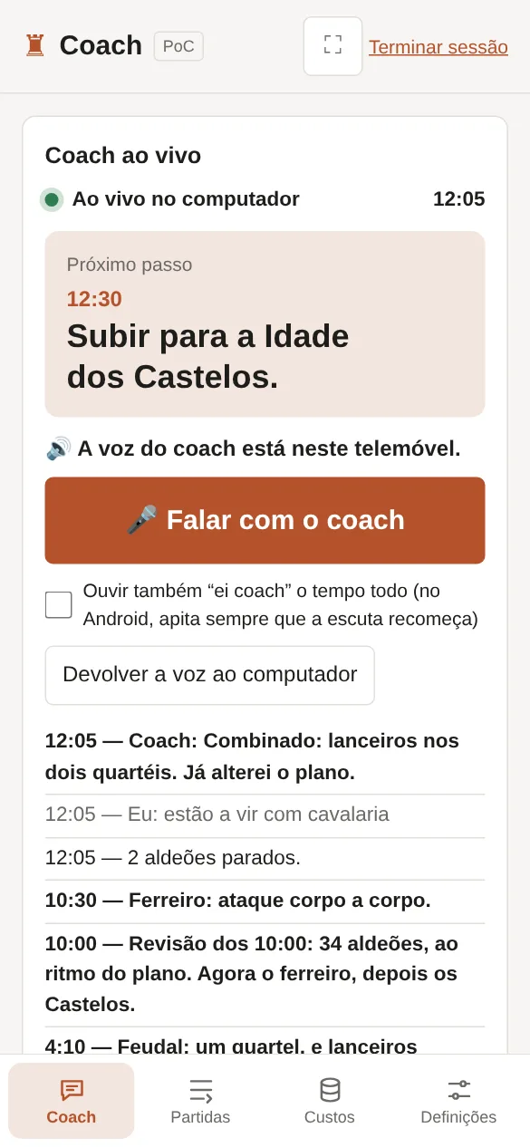 No telemóvel, com a voz do coach: o botão Falar com o coach e a resposta dele.