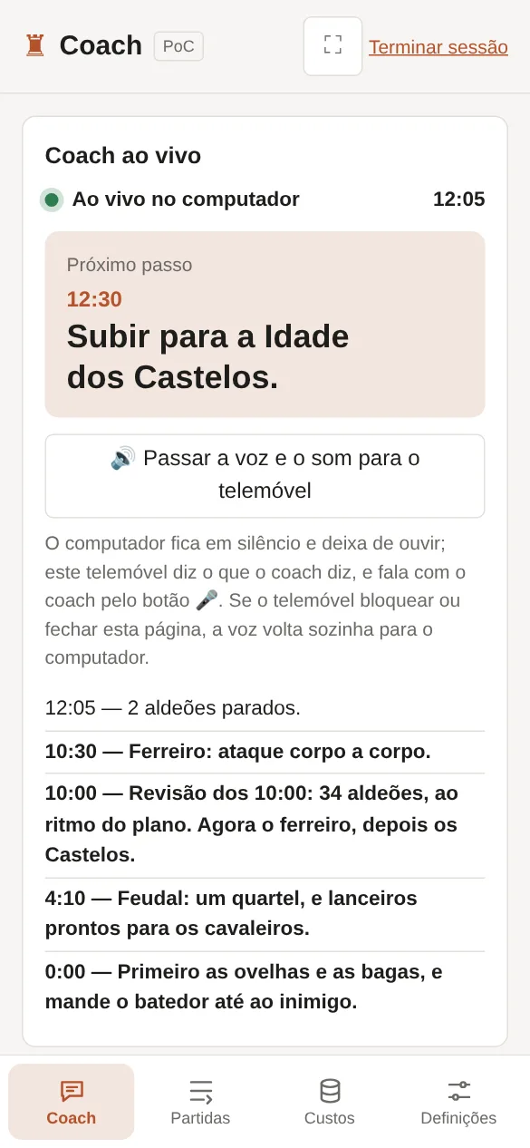 No telemóvel: o computador ao vivo, o próximo passo e o botão que passa a voz para o telemóvel.