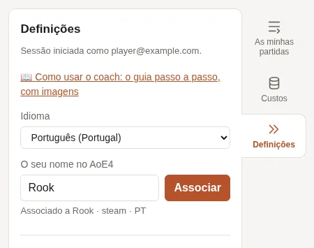 Definições do coach: o idioma e o nome no AoE4, já associado.