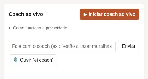 O coach ao vivo pronto a começar, com o botão Iniciar coach ao vivo.